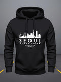 Men's Hoodie Seoul South Korea Minimalist White Silhouette Cityscape Featuring Famous Landmarks And Tower Skyline