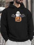 Men's Hoodie Friendly Halloween Pumpkin Featuring Spooky Bat Wings Under A Floating White Ghost