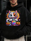 Men's Hoodie Vibrant Spooky Kitten Holding Magic Jar Between Glowing Orange Pumpkins Cat