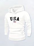 Men's Hoodie USA White Cotton Fabric Featuring A Classic American Flag Under Bold Arched Letters Hoodie