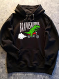 Men's Hoodie Braposaurus Funny Green Rex Riding Red Motorbike Among White Exhaust Smoke Dinosaur