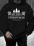 Men's Hoodie Merry Christmas Winter Holiday Silhouette With Pine Trees And Reindeer Symmetrical Arrangement Reindeer