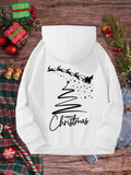 Men's Hoodie Merry Christmas Minimalist Line Art With Reindeer Sleigh Flying Above Snowflakes Decorating The Christmas Tree