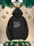 Men's Hoodie Thankful Grateful Blessed Minimalist Script Text With Delicate Heart Shapes On Comfortable Casual Wear Hoodie