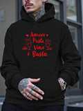 Men's Hoodie Pasta Red Line Art Featuring Wine Glasses And Hearts In Minimalist Graphic