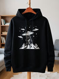 Men's Hoodie Alien Spaceship Abducting Silhouette Above Sharp Mountain Peaks Under Starry Night UFO