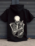 Men's Hoodie Gothic Style Human Skeleton Gently Embracing A Striped Domestic Tabby Cat