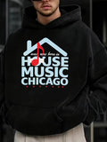Men's Hoodie Was Born In House Music Chicago Linear Blue House Silhouette With Red Note And Stars Print