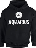Men's Hoodie Aquarius Distressed Vintage Style White Print With Minimalist Astrological Symbol Aquarius