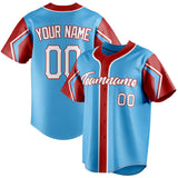 Custom Sky Blue & Red 3 Colors Arm Shapes Fan Baseball Jersey