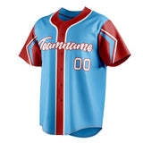 Custom Sky Blue & Red 3 Colors Arm Shapes Fan Baseball Jersey BB01240530WX308