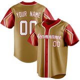 Custom Old Gold & Red 3 Colors Arm Shapes Fan Baseball Jersey