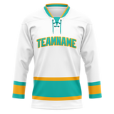 Custom White & Teal Colors Design Sports Hockey Jersey HK01SJS040217