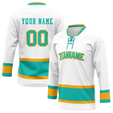 Custom White & Teal Colors Design Sports Hockey Jersey HK01SJS040217