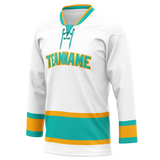 Custom White & Teal Colors Design Sports Hockey Jersey HK01SJS040217