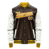 Custom Brown White Solid Color Varsity Letterman Jacket JA02240617XF063
