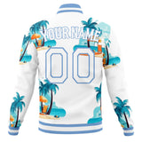 Custom White & Light-Blue 3D Pattern Hawaiian Palm Tree Flamingo Varsity Jacket JA01240607WX590