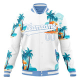 Custom White & Light-Blue 3D Pattern Hawaiian Palm Tree Flamingo Varsity Jacket JA01240607WX590