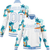 Custom White & Light-Blue 3D Pattern Hawaiian Palm Tree Flamingo Varsity Jacket JA01240607WX590