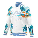 Custom White & Light-Blue 3D Pattern Hawaiian Palm Tree Flamingo Varsity Jacket JA01240607WX590