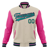 Custom Cream & Pink Solid Color Varsity Jacket JA01240607WY111