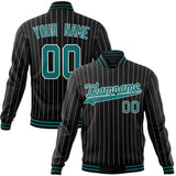 Custom Black-Pinstripe & Teal Gray Pinstripe Varsity Jacket JA01240607XY040