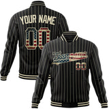 Custom Black-Pinstripe & Vintage-Usa-Flag Cream Pinstripe Varsity Jacket