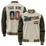 Custom Cream Vintage-Usa-Flag Solid Color Varsity Letterman Jacket