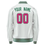 Custom White Pink Kelly Green Pinstripe Varsity Letterman Jacket JA02240617JC503