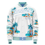 Custom White Light-Blue 3D Pattern Hawaiian Palm Tree Flamingo Varsity Letterman Jacket JA02240617LH456