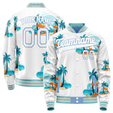 Custom White Light-Blue 3D Pattern Hawaiian Palm Tree Flamingo Varsity Letterman Jacket