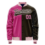 Custom Brown Pink Split Varsity Letterman Jacket JA02240617XF079