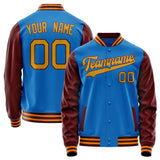 Custom Electric-Blue Brown Solid Color Varsity Letterman Jacket JA02240617YH122