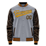 Custom Gray Brown Solid Color Varsity Letterman Jacket JA02240617YH171