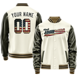 Custom Cream Vintage-Usa-Flag Solid Color Varsity Letterman Jacket