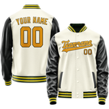 Custom Cream Black Solid Color Varsity Letterman Jacket
