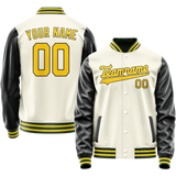 Custom Cream Black Solid Color Varsity Letterman Jacket