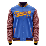 Custom Electric-Blue Brown Solid Color Varsity Letterman Jacket JA02240617YH122