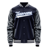 Custom Navy White Solid Color Varsity Letterman Jacket JA02240617KZ269