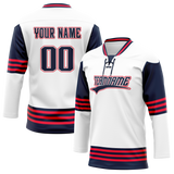 Custom Team Design White & Royal Blue Colors Design Sports Hockey Jersey