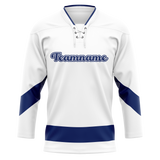 Custom Team Design White & Navy Blue Colors Design Sports Hockey Jersey HK00TBL030218