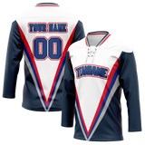 Custom Team Design White & Navy Blue Colors Design Sports Hockey Jersey