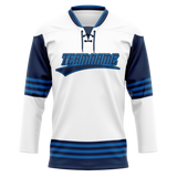 Custom Team Design White & Navy Blue Colors Design Sports Hockey Jersey HK00AD030218