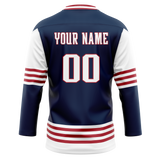 Custom Team Design Navy Blue & White Colors Design Sports Hockey Jersey HK00WJ081802