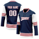 Custom Team Design Navy Blue & White Colors Design Sports Hockey Jersey HK00WJ081802